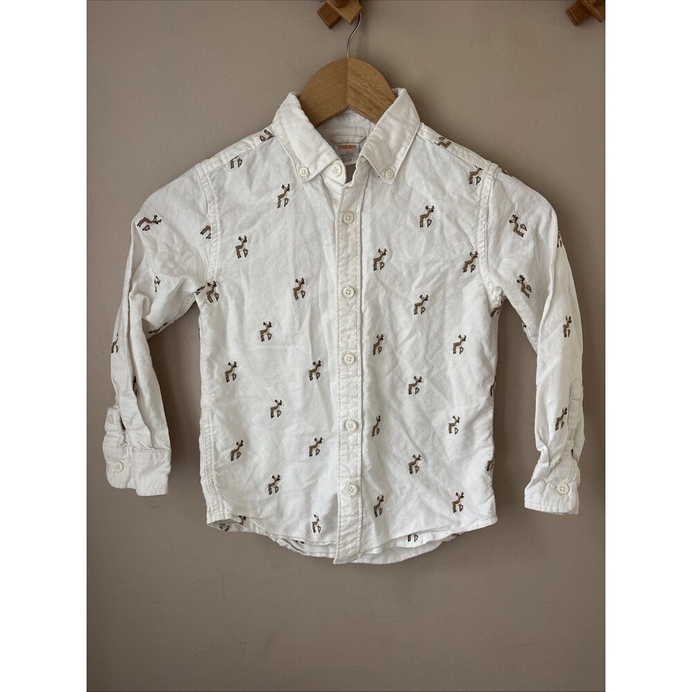 Gymboree Boys Reindeer Button Down Shirt Size 6 White Embroidered Cotton